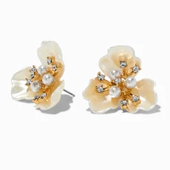 Claire's Clous D'oreilles-Clous d'oreilles couleur dorée fleur strass et perle d'imitation