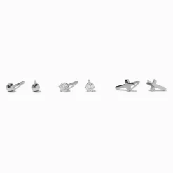 Claire's Clous D'oreilles|Bijoux Premium-Clous d'oreilles croix en zircon cubique en acier inoxydable couleur argentée - Lot de 3
