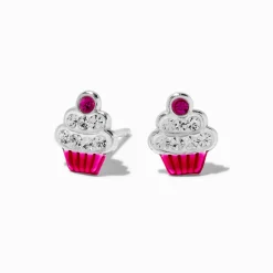 Claire's Clous D'oreilles|Bijoux Premium-Clous d'oreilles cupcake roses strass couleur argentée