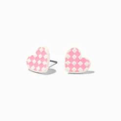 Claire's Clous D'oreilles-Clous d'oreilles cœur à carreaux phosphorescents roses