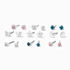 Claire's Clous D'oreilles-Clous d'oreilles cœurs floraux couleur argentée - Lot de 9