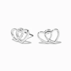 Claire's Clous D'oreilles-Clous d'oreilles double cœur couleur argentée