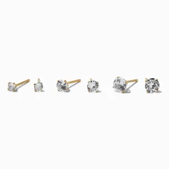 Claire's Clous D'oreilles|Bijoux Premium-Clous d'oreilles en zircon cubique ronds en acier inoxydable couleur dorée - Lot de 3