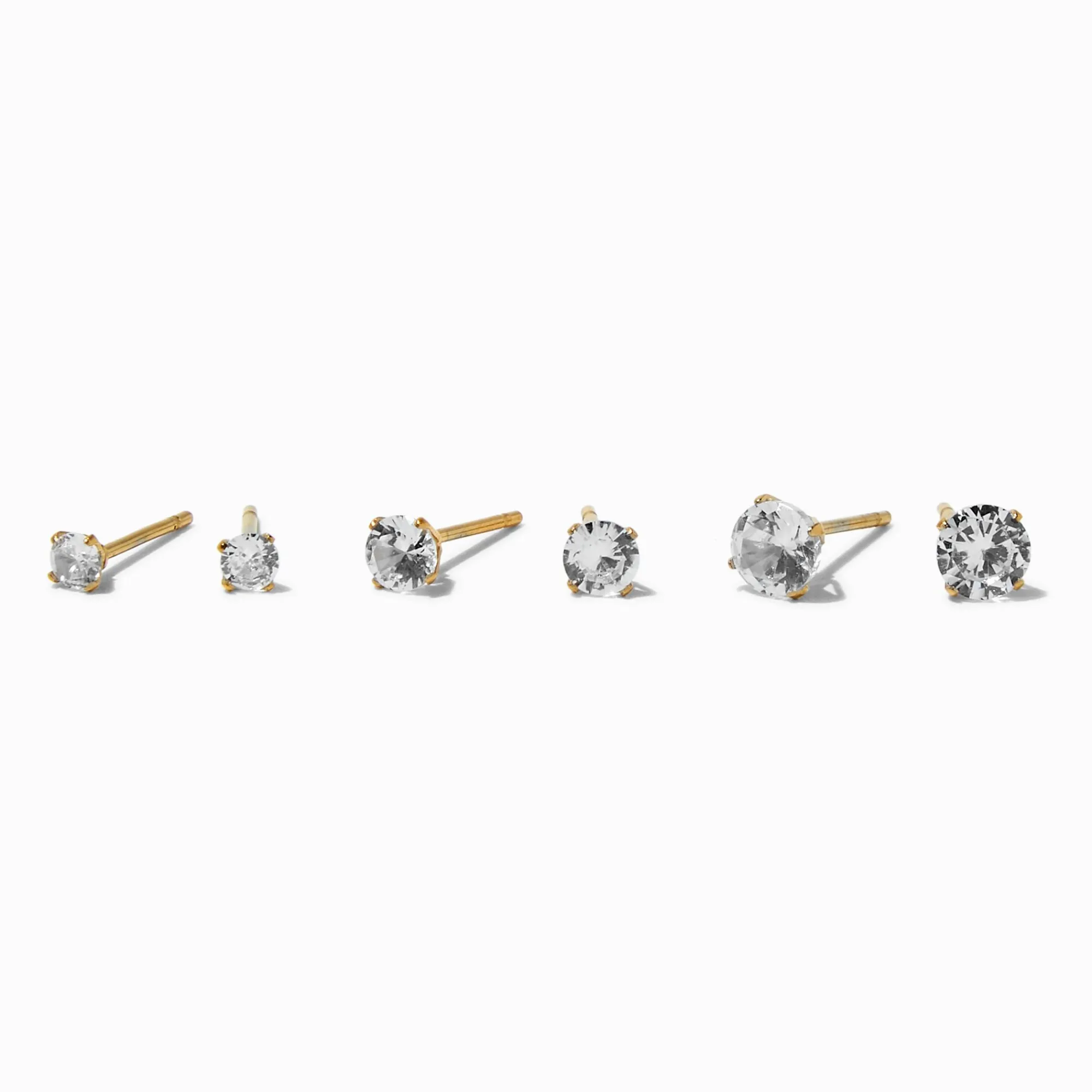 Claire's Clous D'oreilles|Bijoux Premium-Clous d'oreilles en zircon cubique ronds en acier inoxydable couleur dorée - Lot de 3