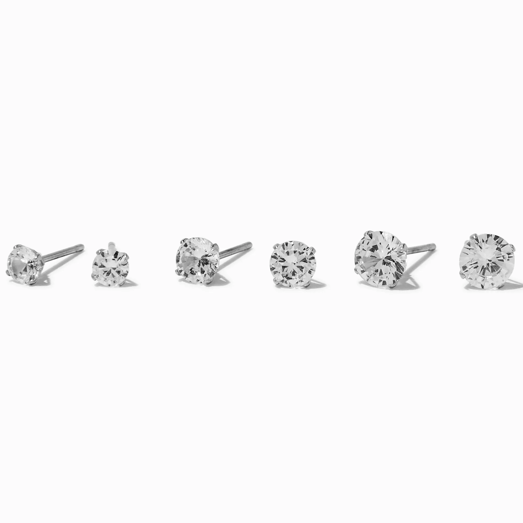 Claire's Clous D'oreilles|Bijoux Premium-Clous d'oreilles en zircon cubique ronds en acier inoxydable couleur argentée - Lot de 3