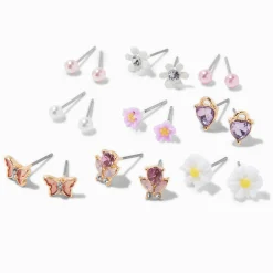 Claire's Clous D'oreilles-Clous d'oreilles floraux avec perles d’imitation - Lot de 9