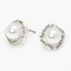 Claire's Clous D'oreilles-Clous d'oreilles perles d'imitation monture halo ornementés couleur argentée