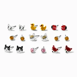 Claire's Clous D'oreilles-Clous d'oreilles petits animaux strass couleur argentée - Lot de 9