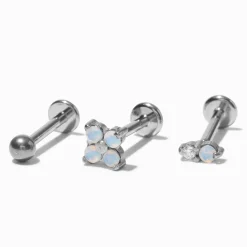 Claire's Bijoux Premium|Bijoux De Piercing-Clous d'oreilles pour piercing au cartilage strass et opale d'imitation 1,2 mm en titane couleur argentée - Lot de 3