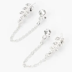 Claire's Clous D'oreilles-Clous d'oreilles reliés par une chaîne feuille et strass couleur argentée