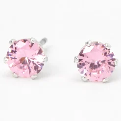 Claire's Clous D'oreilles-Clous d'oreilles ronds avec strass en zircon cubique d'imitation couleur argentée - Rose, 5 mm