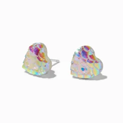 Claire's Clous D'oreilles|Bijoux Premium-Clous d'oreilles à tige couleur argentée cœur écaille de poisson iridescents