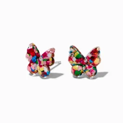 Claire's Clous D'oreilles|Bijoux Premium-Clous d'oreilles tige couleur argentée papillon confetti