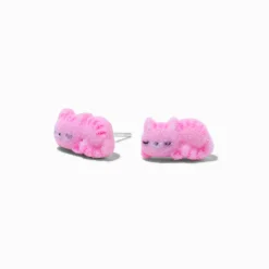 Claire's Bijoux Premium|Clous D'oreilles-Clous d'oreille tige couleur argentée chat duveteux rose