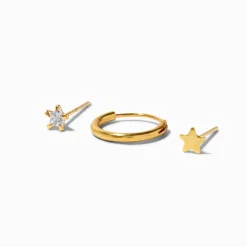 Claire's Clous D'oreilles|Bijoux Premium-Clous et anneaux de nez étoile en strass 22 G en zircon cubique d’imitation couleur argentée et couleur dorée - Lot de 3