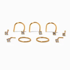 Claire's Clous D'oreilles|Bijoux Premium-Clous et anneaux pour piercing de nez 0,6 mm avec zircon cubique en titane couleur dorée - Lot de 9