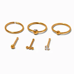 Claire's Clous D'oreilles|Bijoux Premium-Clous et anneaux pour piercing de nez 0,8 mm avec zircon cubique en titane couleur dorée - Lot de 6