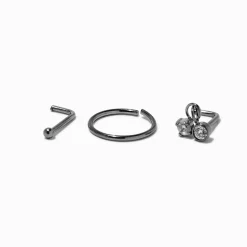 Claire's Bijoux De Piercing-Clous et anneaux pour piercing de nez 0,8 mm avec pendentif en zircon cubique en titane couleur argentée - Lot de 3