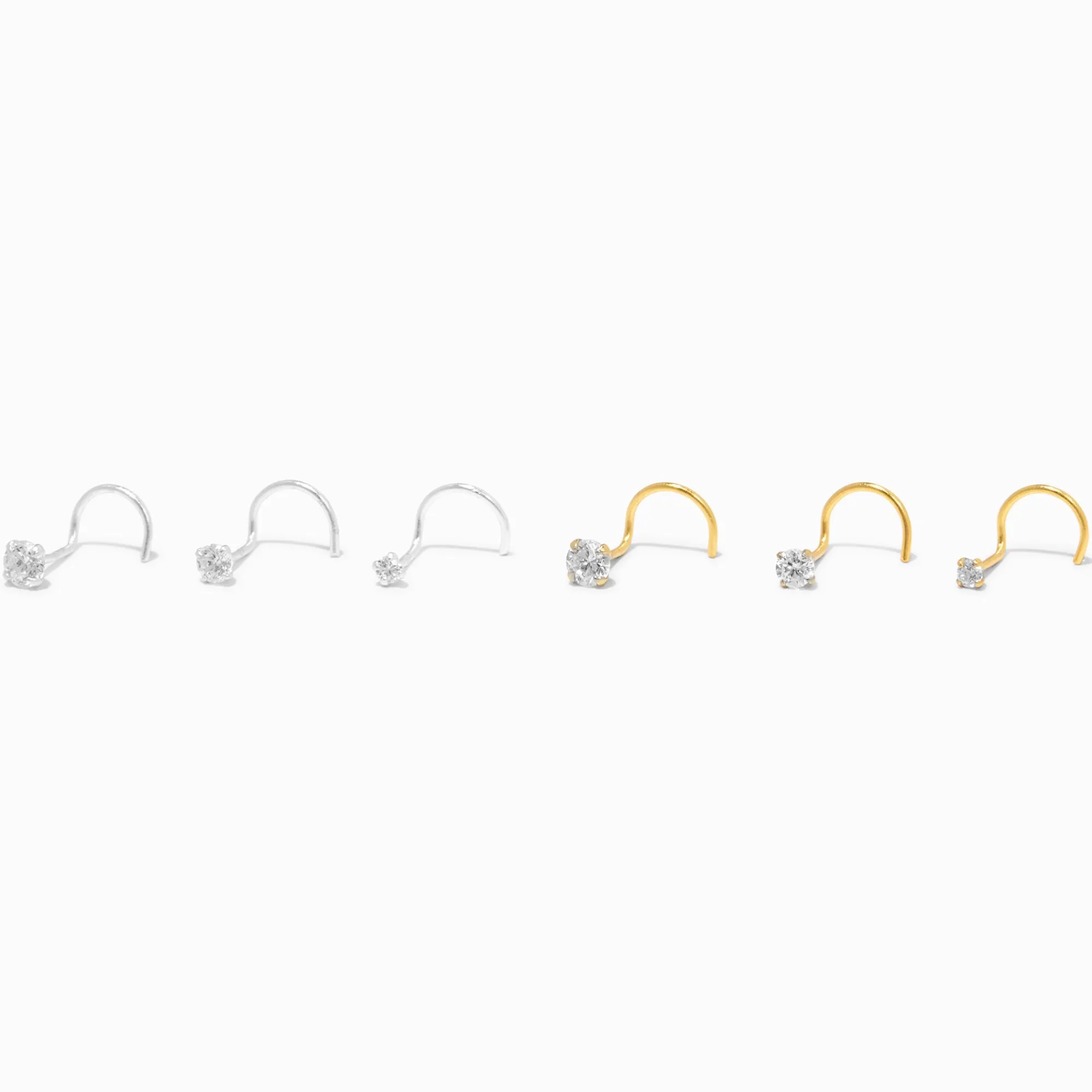 Claire's Clous D'oreilles|Bijoux Premium-Clous pour piercing de nez en zircon cubique d'imitation de différentes tailles 0,6 mm couleur argentée - Lot de 6