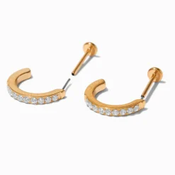 Claire's Anneaux|Bijoux Premium-C LUXE by Claire's Gold-tone Titanium Cubic Zirconia Flat Back Hoop Earrings