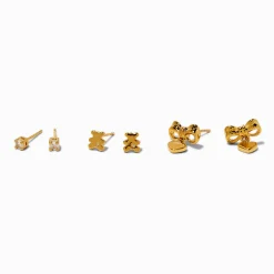 Claire's Clous D'oreilles|Bijoux Premium-C LUXE by Claire's 18kt Gold Plated Cubic Zirconia Studs, Bears, & Bows Earrings - 3 Pack