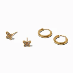 Claire's Bijoux Premium-C LUXE by Claire's 18kt Gold Plated Cubic Zirconia Butterfly Studs & Hoop Earrings Set - 2 Pack