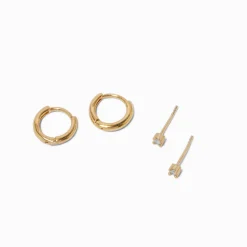 Claire's Bijoux Premium-C LUXE by Claire's 18kt Gold Plated Cubic Zirconia 2mm & 8mm Round Stud & Clicker Hoop Earrings - 2 Pack