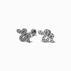 Claire's Clous D'oreilles|Bijoux Premium-C LUXE by Claire's Silver-tone Titanium Cubic Zirconia Pavé Snake Flat Back Stud Earrings