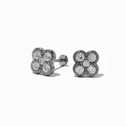 Claire's Clous D'oreilles|Bijoux Premium-C LUXE by Claire's Silver-tone Titanium Cubic Zirconia Flat Back Clover Stud Earrings