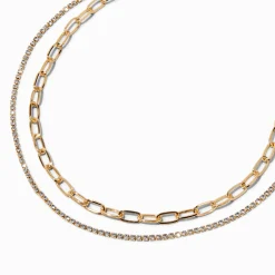 Claire's Colliers-Collier multi-rangs avec strass et chaîne à maillons trombone couleur dorée
