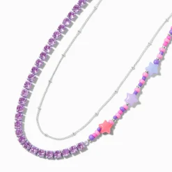 Claire's Colliers-Collier multi-rangs chaîne couleur argentée perlé étoile violet