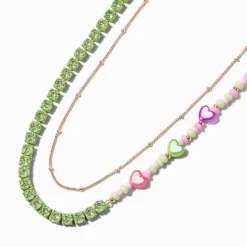 Claire's Colliers-Collier multi-rangs chaîne couleur dorée perlé cœur vert