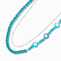 Claire's Colliers-Collier multi-rangs chaîne couleur argentée perlé bleu à fleurs