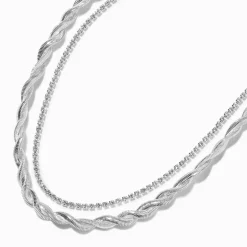 Claire's Colliers-Collier multi-rangs chaîne de strass torsadée couleur argentée