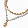 Claire's Colliers-Collier multi-rangs chaîne perle d'imitation couleur dorée