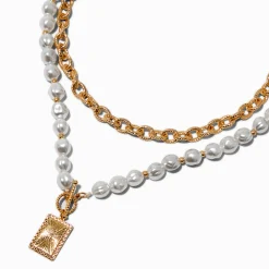 Claire's Colliers-Collier multi-rangs chaîne perle d'imitation couleur dorée
