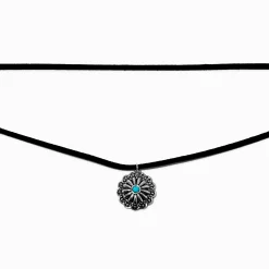 Claire's Colliers-Collier multi-rangs à cordon noir avec pièces en turquoise d'imitation