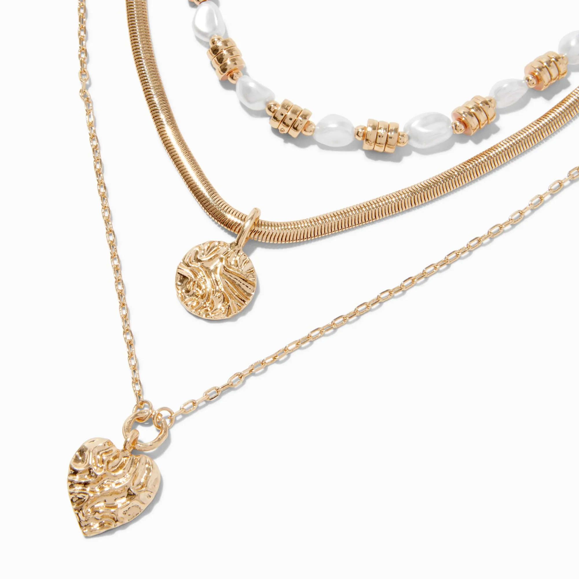 Claire's Colliers-Collier multi-rangs pendentif texturé perle d'imitation couleur dorée
