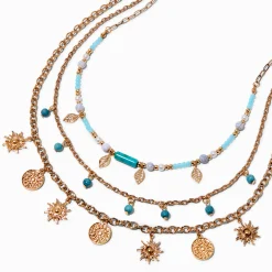 Claire's Colliers-Collier multi-rangs perlé turquoise d'imitation et pièce couleur dorée