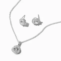 Claire's Parures De Bijoux-Collier pendentif avec auréole nouée en zircon cubique d'imitation couleur argentée et clous d'oreilles - Lot de 2