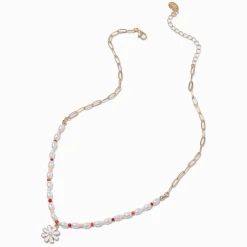 Claire's Colliers-Collier à pendentif chaîne à maillons trombones couleur dorée et demi perlé marguerite blanc
