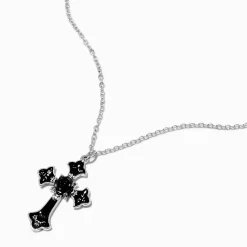 Claire's Colliers-Collier à pendentif couleur argentée croix rose noire