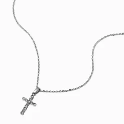 Claire's Colliers-Collier à pendentif couleur argentée croix pavé en acier inoxydable