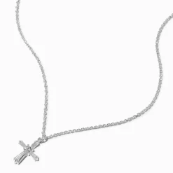 Claire's Clous D'oreilles|Colliers-Collier à pendentif croix en zircon cubique couleur argentée