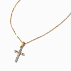 Claire's Bijoux Premium-Collier à pendentif croix pavé acier inoxydable couleur dorée