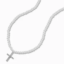 Claire's Colliers-Collier à pendentif croix perle d'imitation et couleur argentée