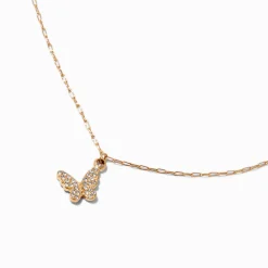 Claire's Bijoux Premium-Collier à pendentif papillon pavé en acier inoxydable couleur dorée
