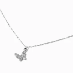 Claire's Bijoux Premium-Collier à pendentif papillon pavé en acier inoxydable couleur argentée