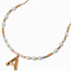 Claire's Colliers-Collier à pendentif perlé pastel à initiale bulle couleur dorée - A