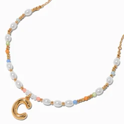 Claire's Colliers-Collier à pendentif perlé pastel à initiale bulle couleur dorée - C